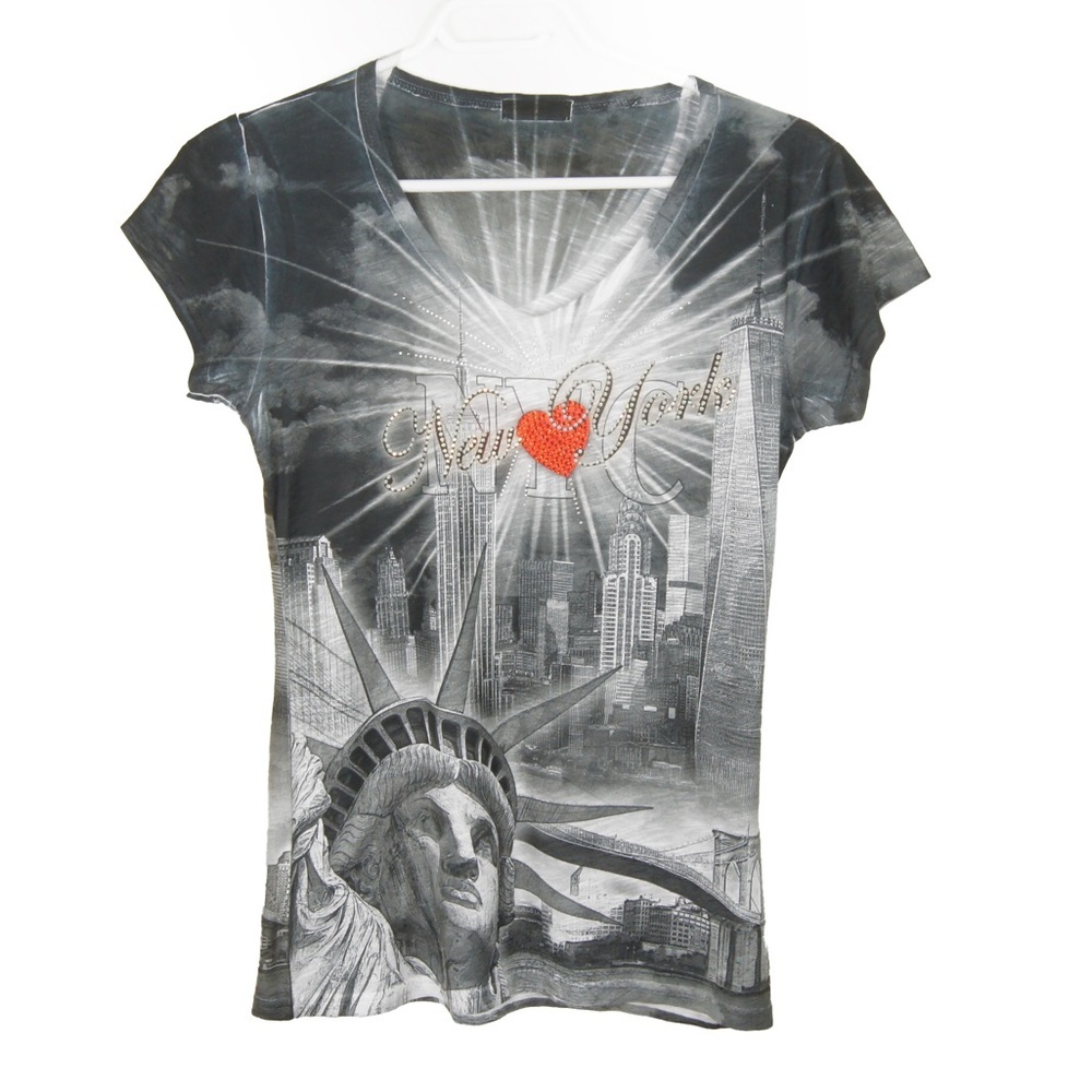 Vintage Y2K 2000s New York Rhinestone Grunge Mcbling Illustrated Shirt Top